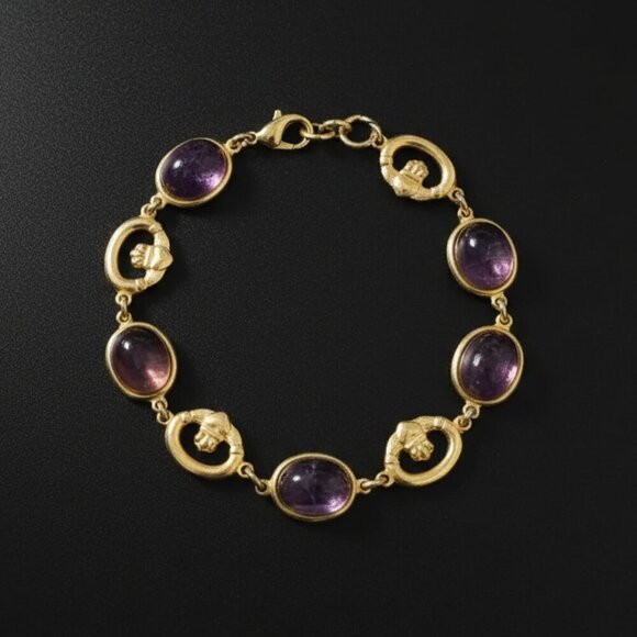 None Jewelry - Vintage Inspired Amethyst Cabochon Gold Plated Link Bracelet Elegant & Timeless